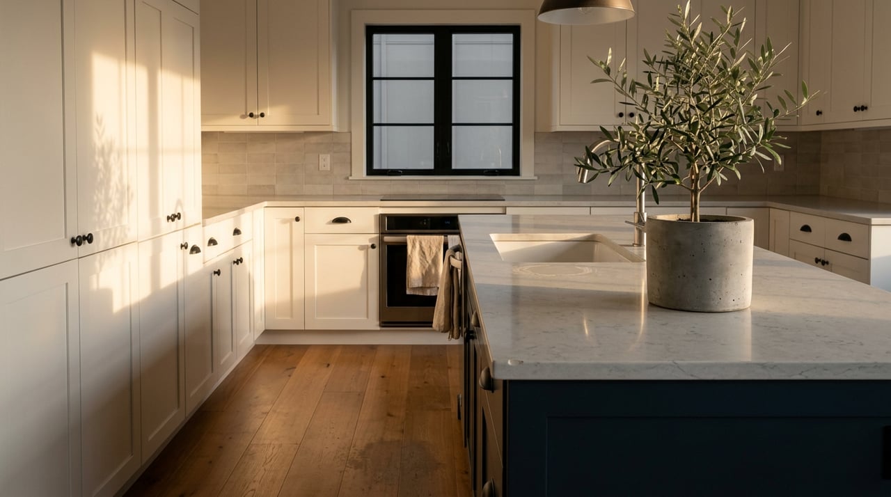 Kitchen island with pale gray-veined stone, white shaker cabinets, and a potted olive tree by a black-framed window.