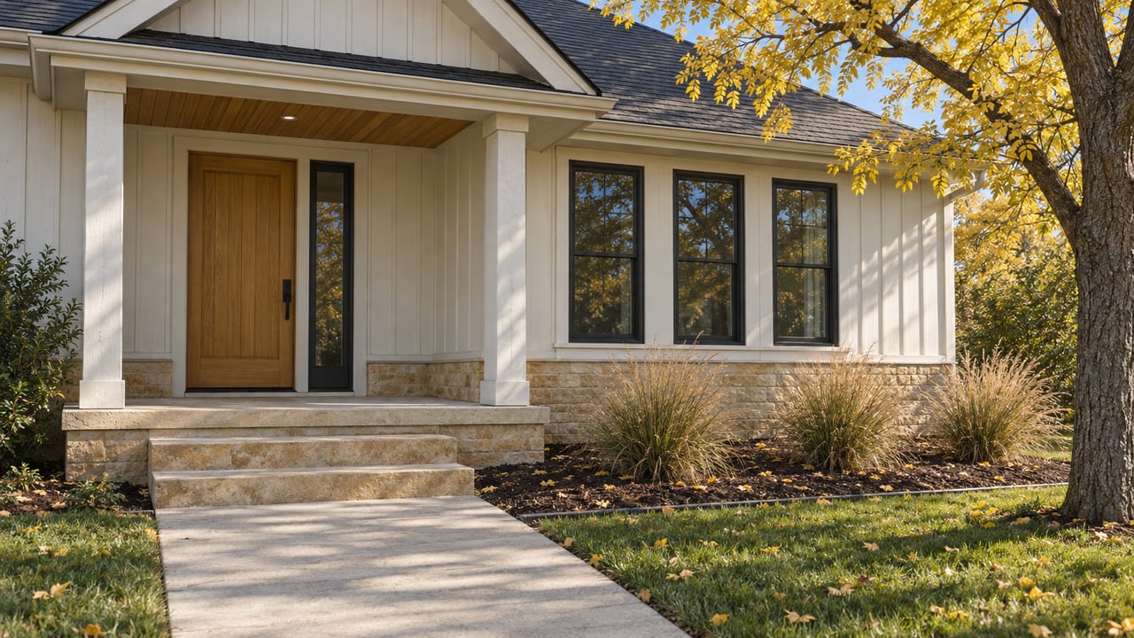 Sunlit covered entry with off-white siding, an oak door, sandstone steps and yellow autumn leaves beside a concrete approach.