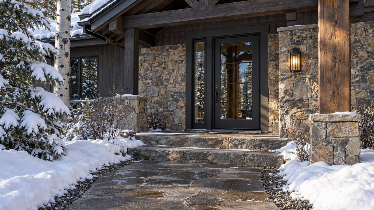 Stone-clad mountain house entry with a glazed door, timber post, snowy roof, and cleared stone steps.