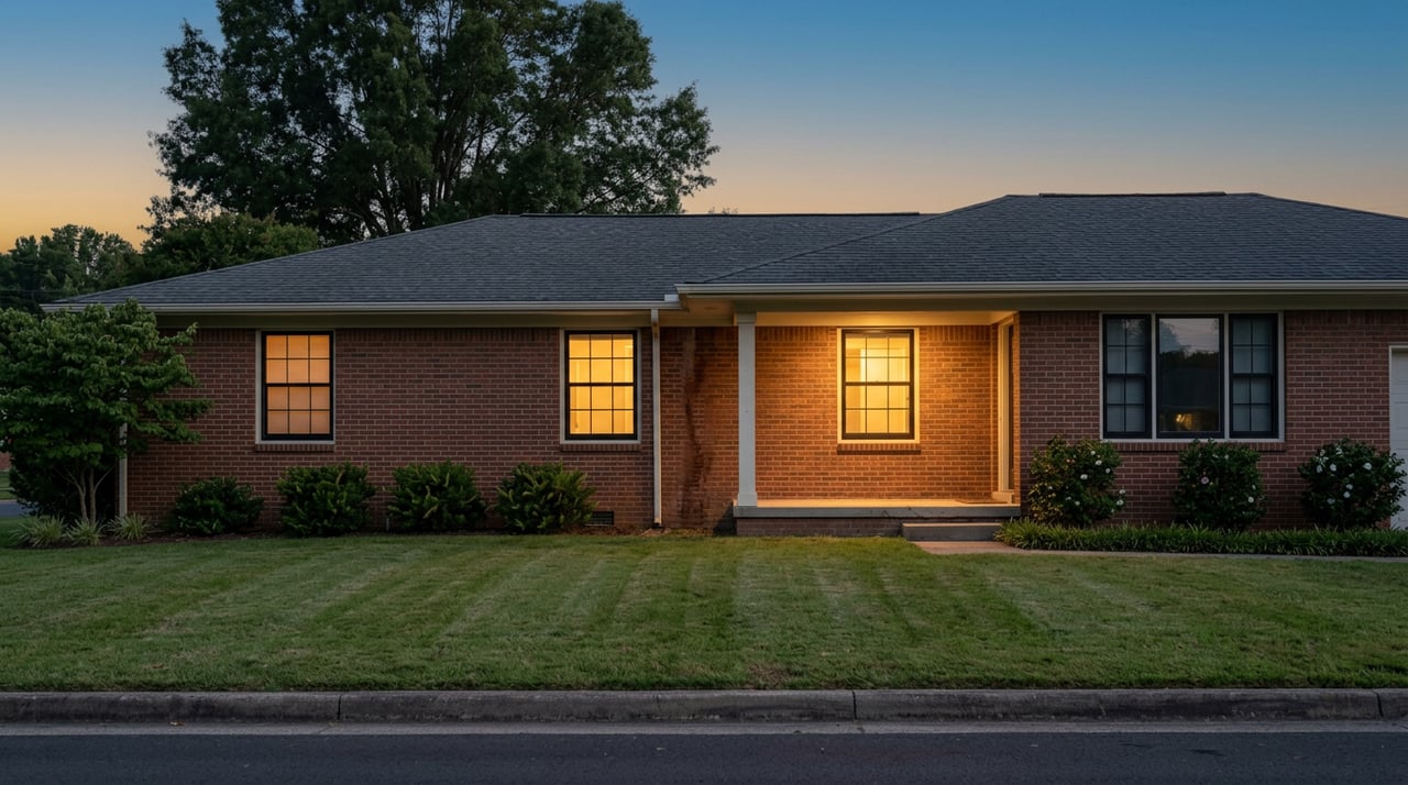 Brick ranch home with three glowing windows beneath a mature oak canopy at dusk.