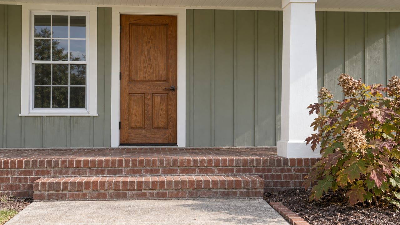 Close view of a sage-sided home's sheltered oak front door, white porch column and brick steps beside bronze autumn oakleaf hydrangea.