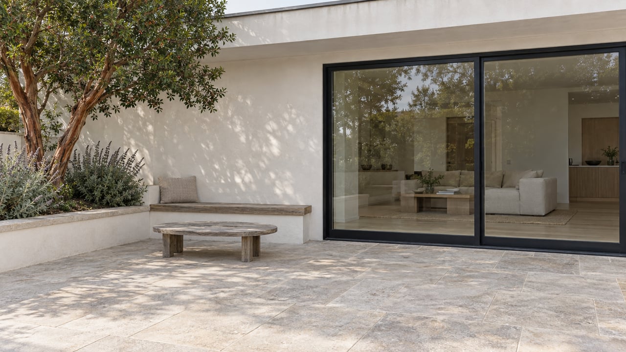 White-stucco home opening onto a limestone terrace with a teak bench, low table and sculptural strawberry tree.