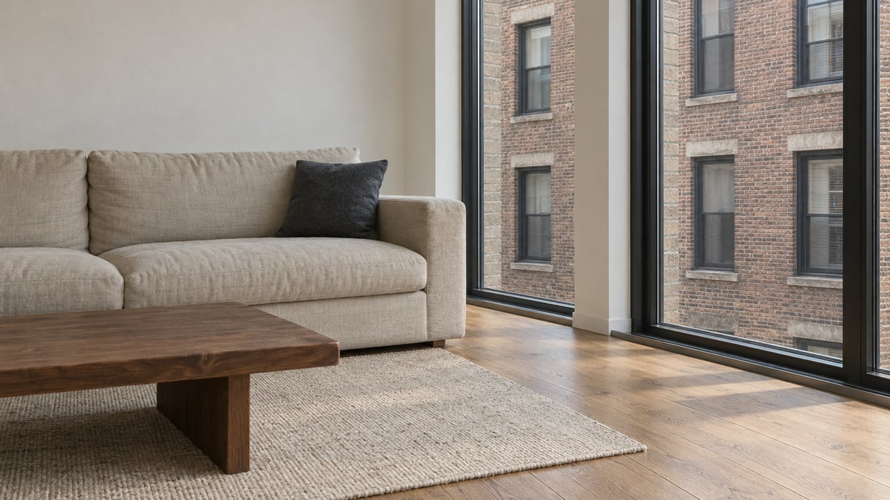 A softly lit apartment living room with a linen sofa, walnut table, oak floors and tall windows overlooking a nearby brick building.