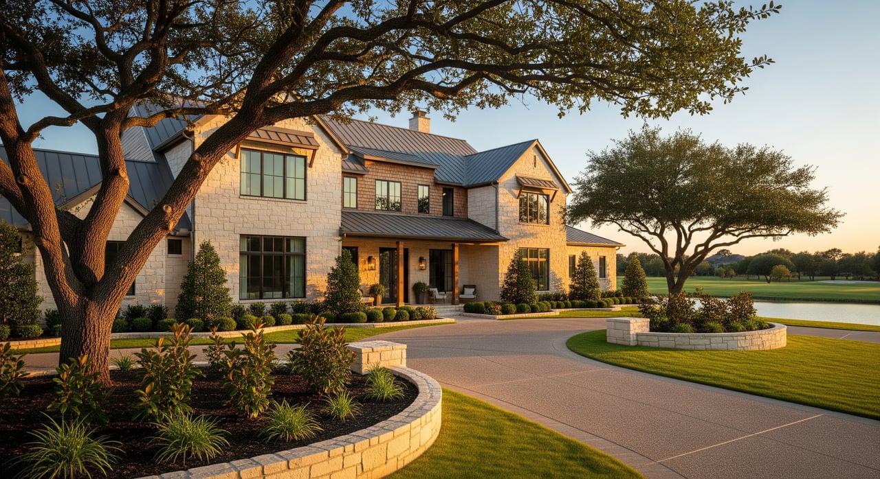 Large stone house with dark metal roof, framed by sprawling oak trees beside a curved driveway.