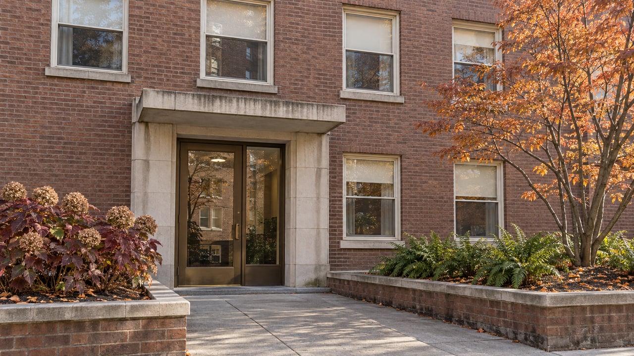 Sunlit brick apartment entrance with limestone trim, bronze-framed glass door and autumn planting in raised masonry beds.