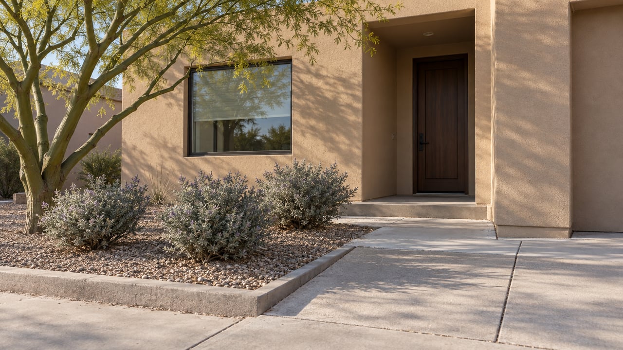 Warm tan stucco home with a recessed entry, bronze-framed window, concrete walkway and a carefully spaced desert garden.