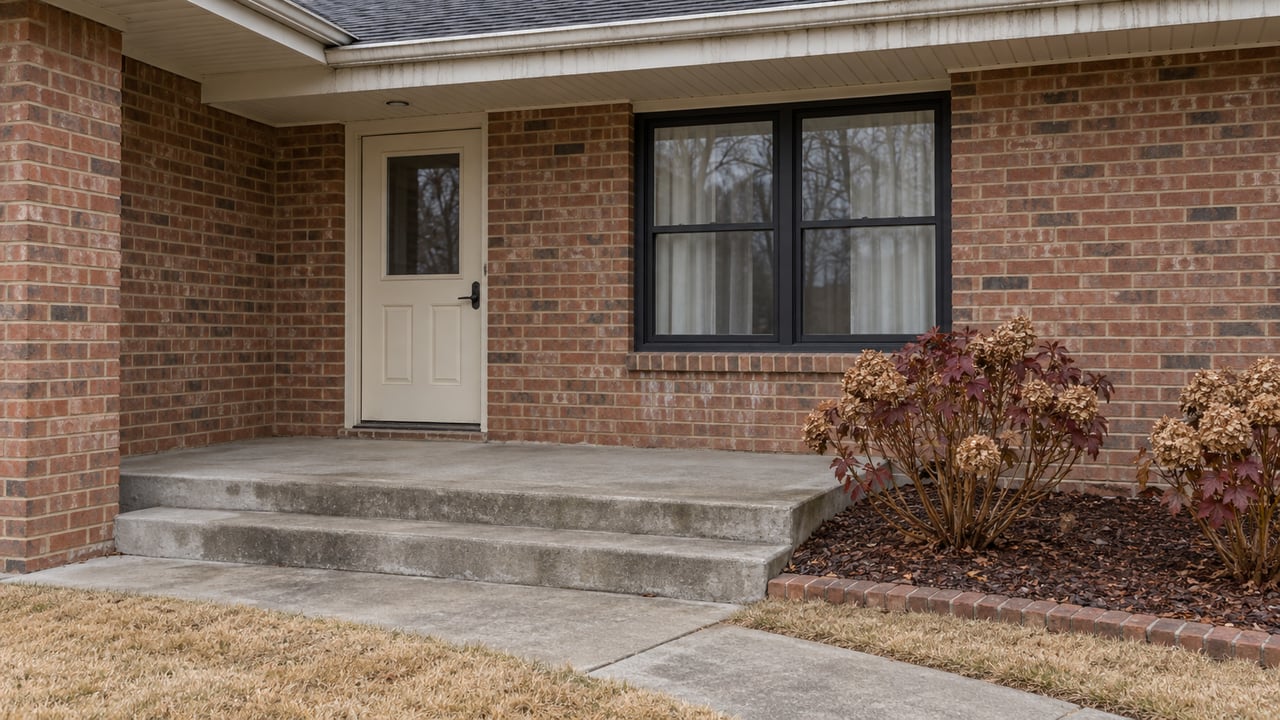 Brick home's covered side entry with a cream door, black-framed window, weathered concrete steps and oakleaf hydrangeas in late autumn.