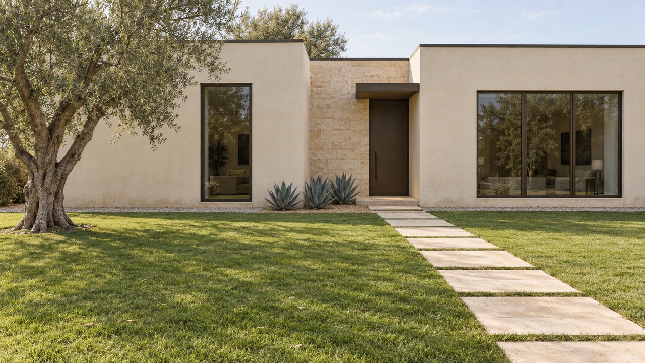 Contemporary ivory-stucco house with bronze-framed windows, a limestone entry path, and an olive tree in the front garden.