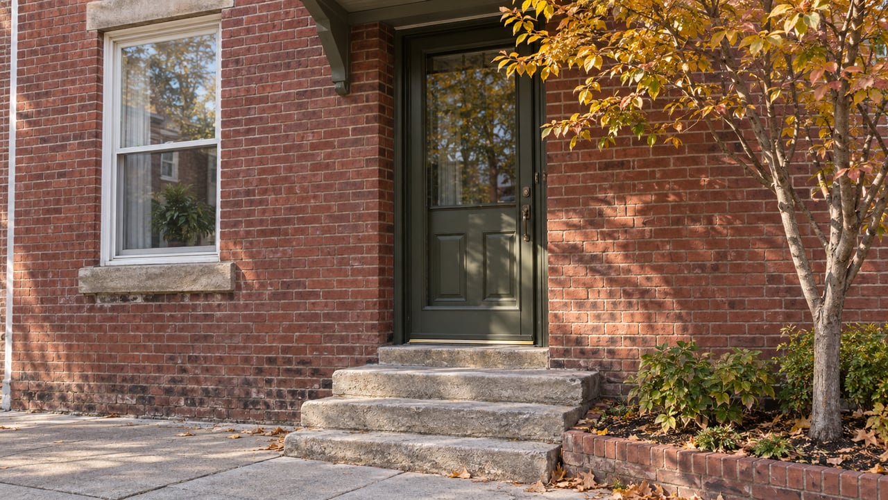 Brick home entry with a green door, limestone steps, sash window, and copper-gold leaves.