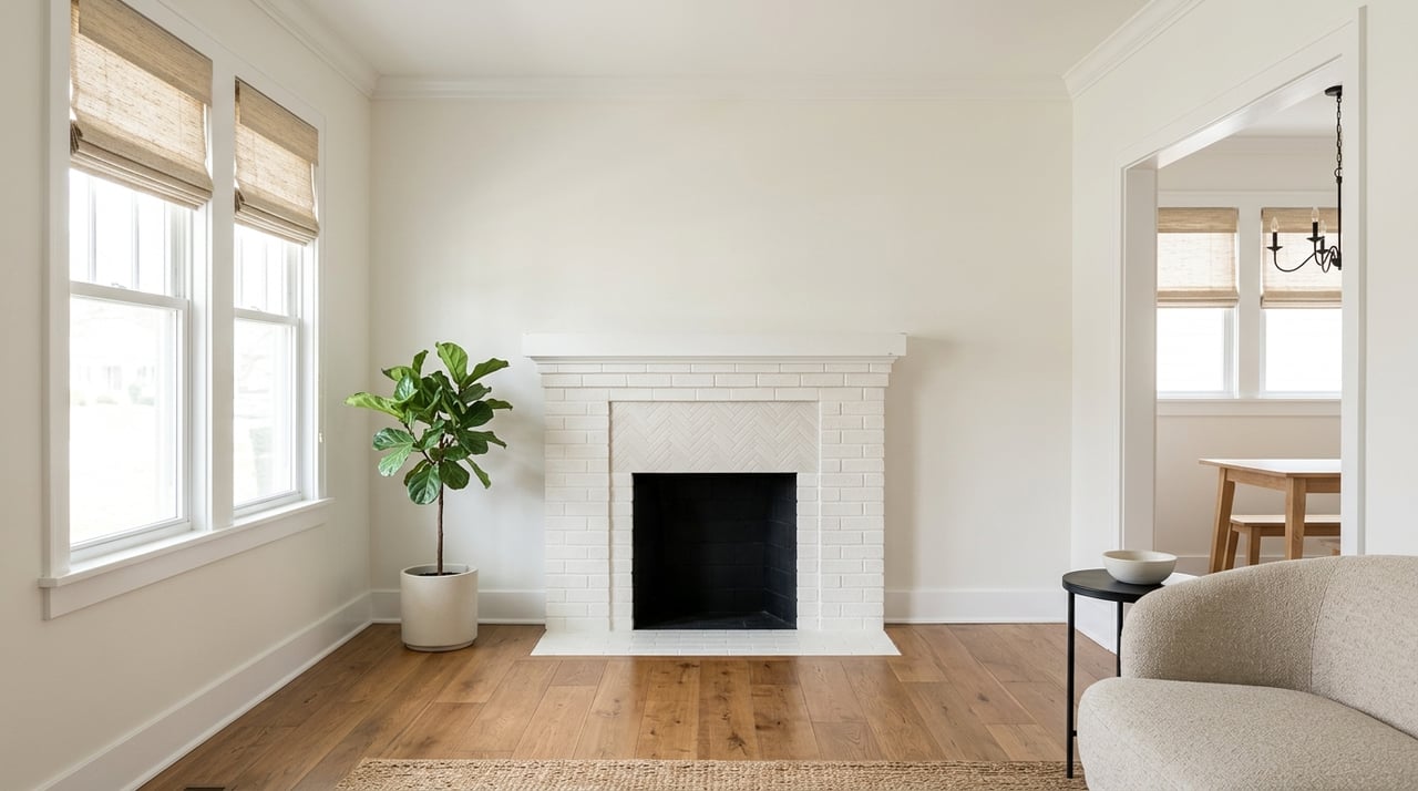 Painted-brick fireplace with herringbone tile above an oak floor in daylight.