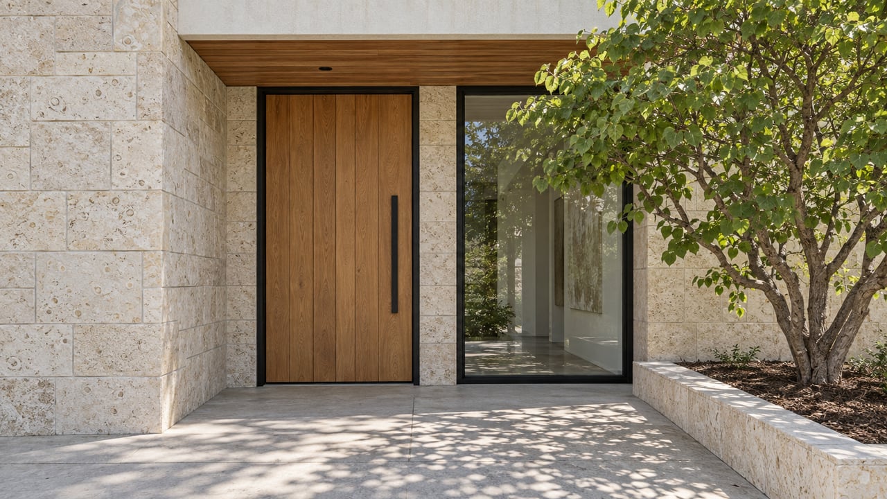 Close view of a contemporary home's limestone entry, oak door, black-framed window and redbud beside a concrete landing.