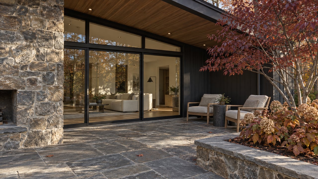 Autumn light on a slate terrace with teak chairs, a fieldstone chimney and closed glass doors overlooking a warm living room.