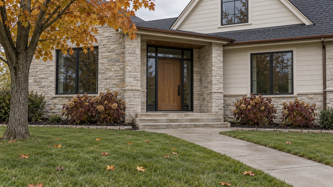 Stone and ivory-sided home with black-grid windows, an oak entry door and an autumn maple above a deep front lawn.