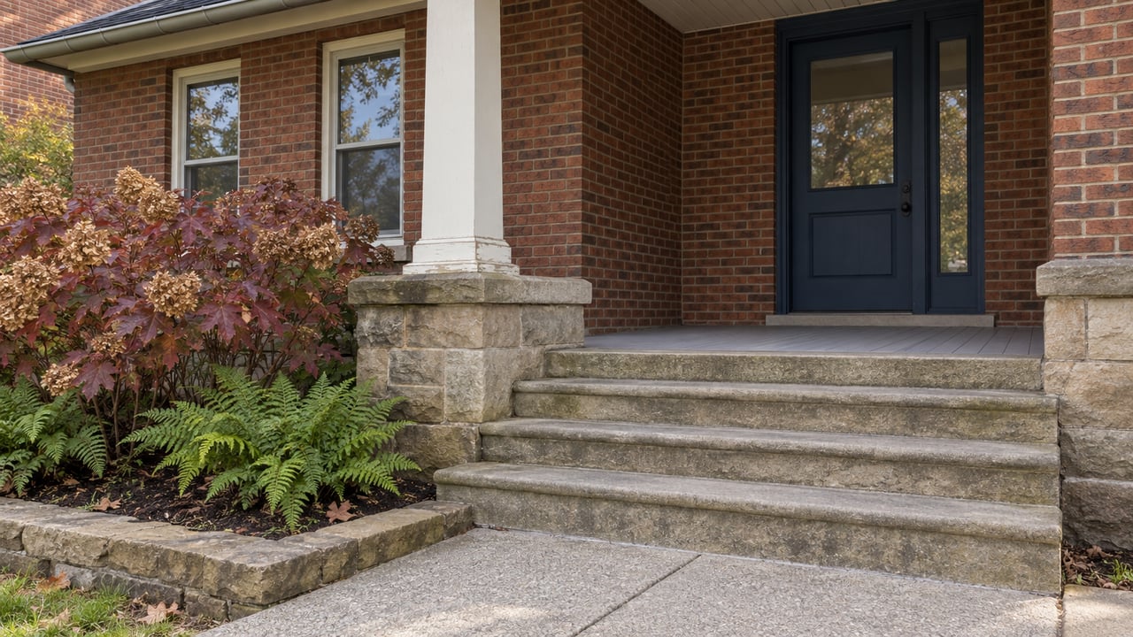 Red-brick home with an ivory porch column, worn sandstone steps, a blue entry door and burgundy oakleaf hydrangea beside the walk.