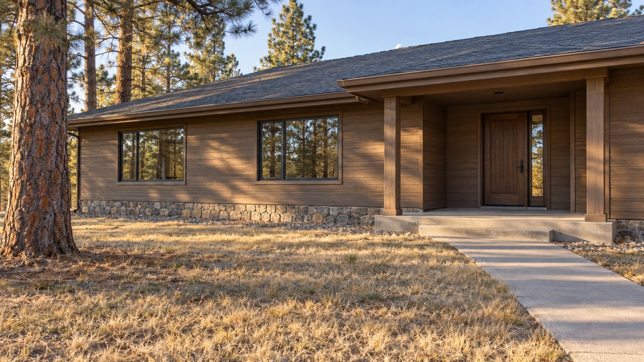 A single-story wood-sided home with a covered porch beyond a broad dormant yard and three mature ponderosa pines in clear autumn light.
