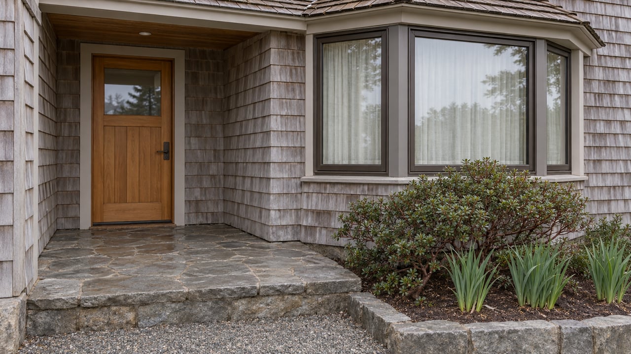 Weathered cedar cottage with a recessed wood front door, glazed bay window, sandstone porch, and a low manzanita planting.