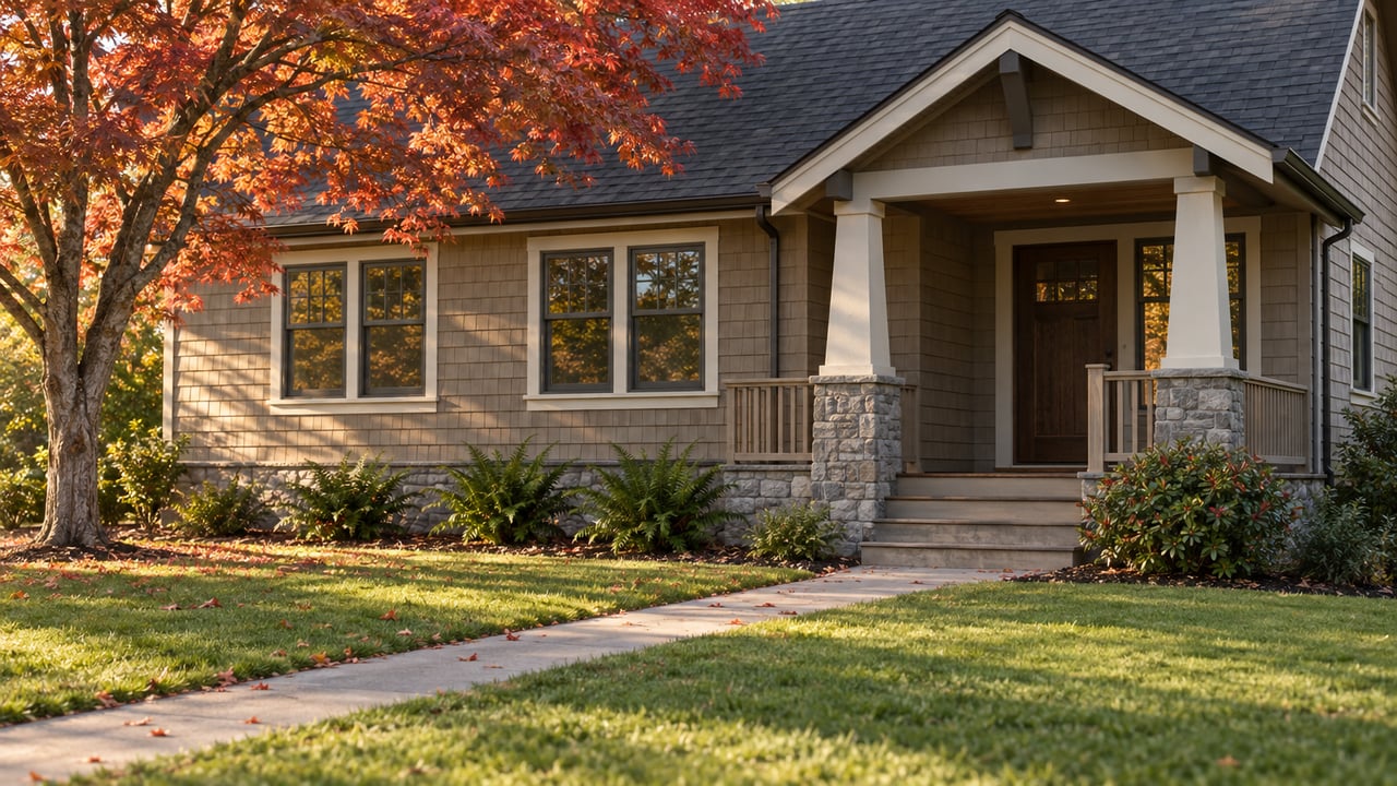 Taupe shingle house with a covered porch, diagonal concrete walk, and copper-red autumn tree over the roof.