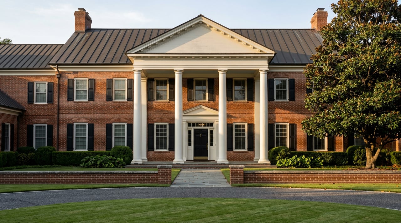 Symmetrical red-brick estate with a white columned portico, black shutters, sweeping lawn, and magnolia tree.