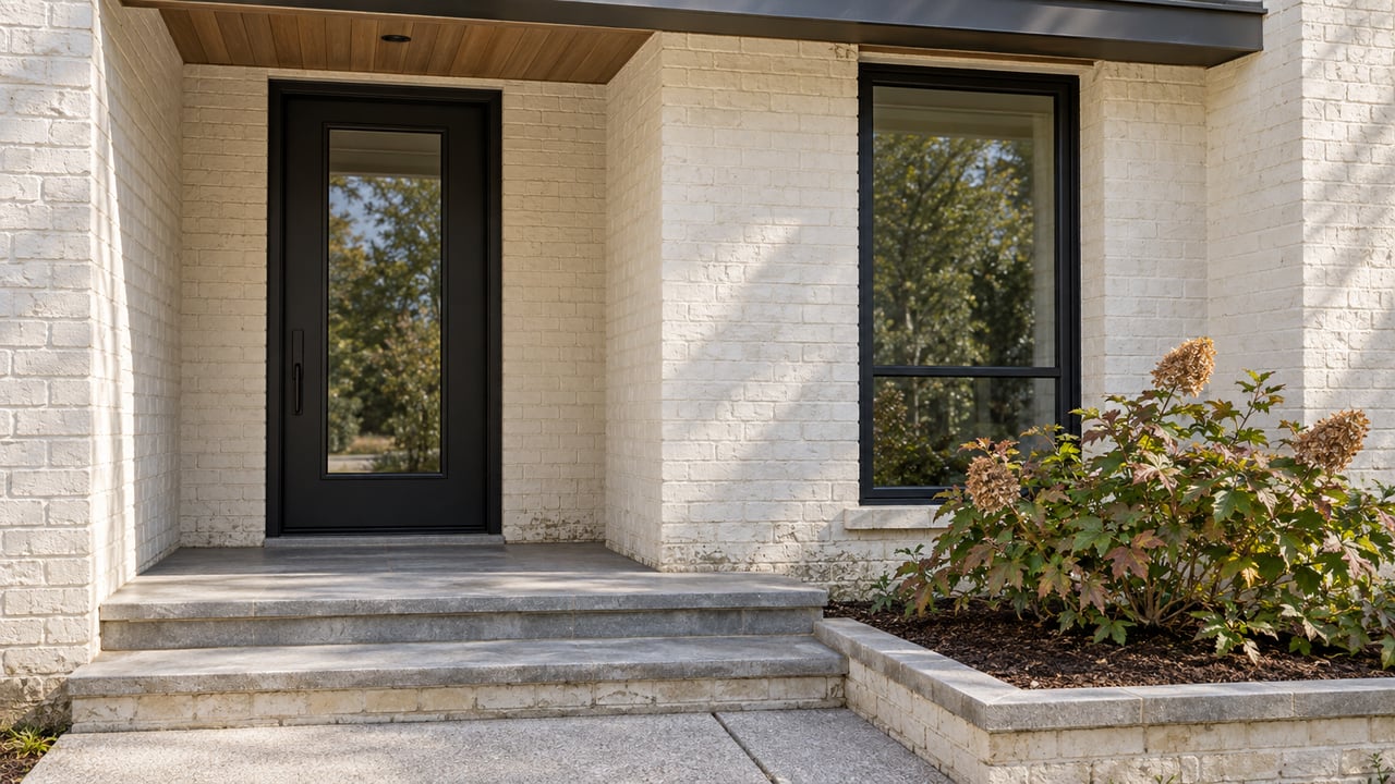 Ivory painted-brick home entry with black-framed glass, an oak porch soffit, gray stone steps, and an oakleaf hydrangea.