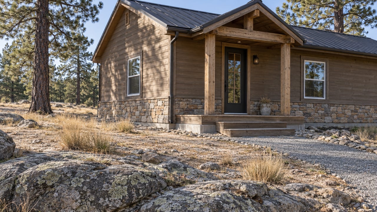 Single-story brown-sided house with a charcoal metal roof, raised porch, granite outcrop, and ponderosa pines.