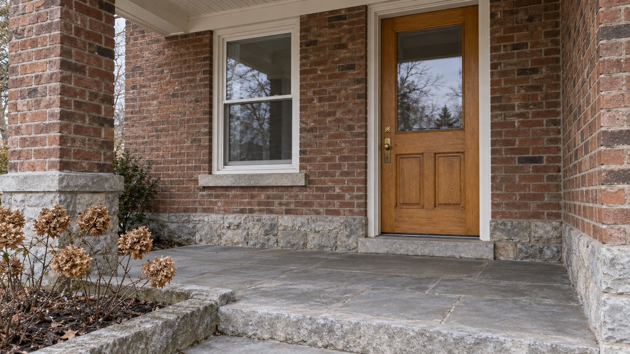 A sheltered brick entry with an oak door, white sash window and weathered limestone porch beside dried oakleaf hydrangea flowers.