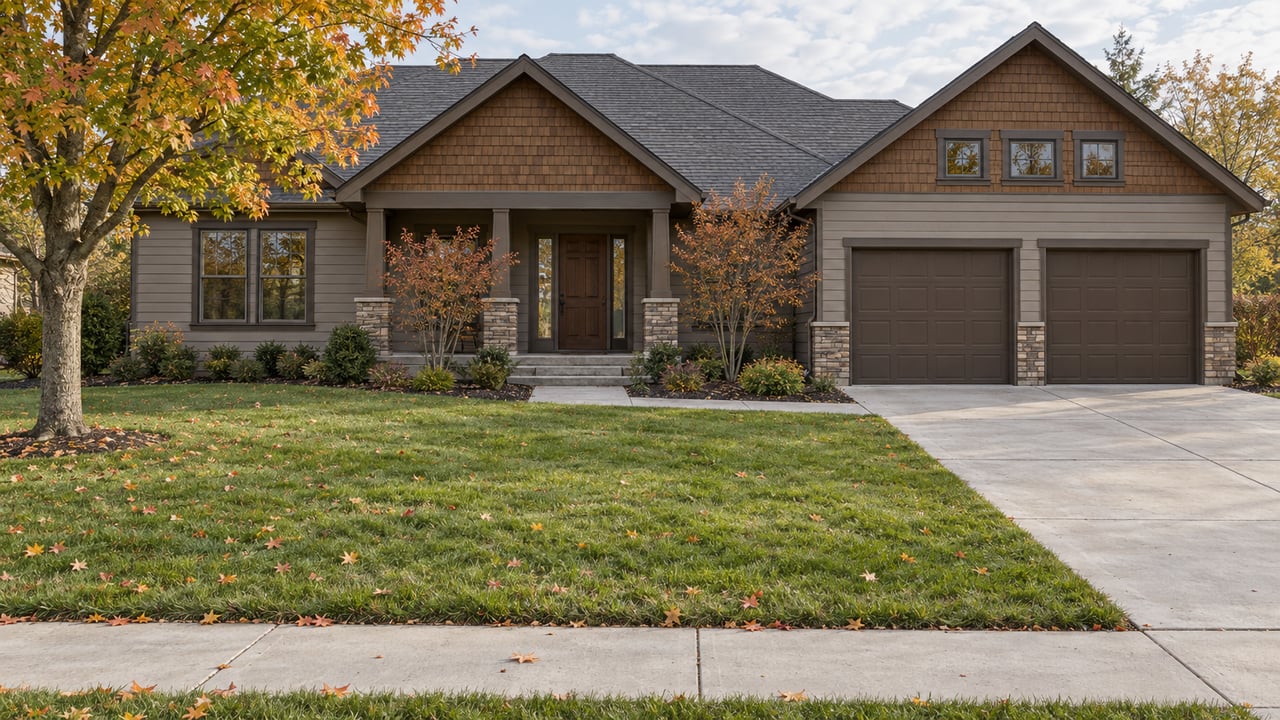 An autumn maple frames a taupe gabled home with a stone-trimmed porch, broad front lawn and attached two-car garage.