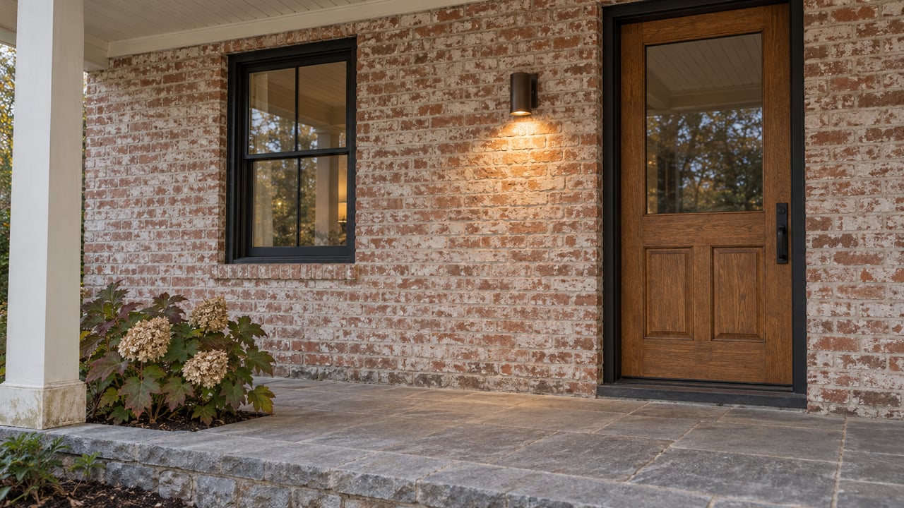 A limewashed brick cottage entrance with an oak door, black-framed window, weathered stone porch and oakleaf hydrangea.