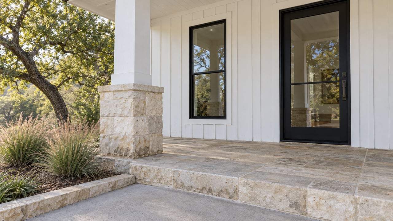 Covered white-sided home entry with black-framed glazing, limestone porch and a live oak beside ornamental grasses.