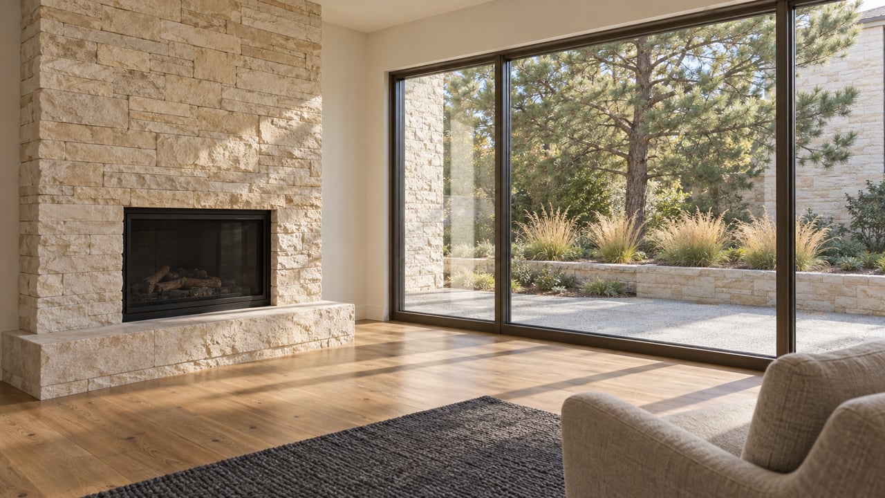 Sunlit sitting room with a pale sandstone fireplace, oak floors and tall windows overlooking a planted terrace.