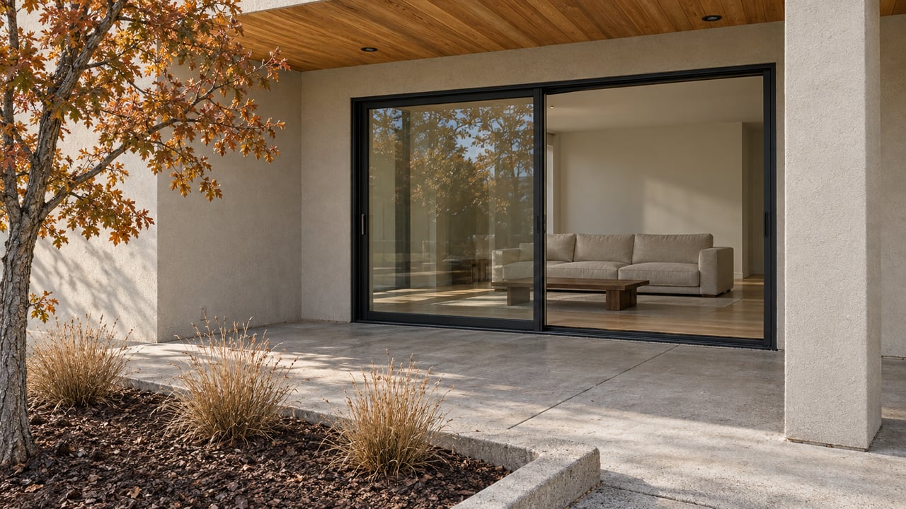 Covered concrete patio beside black-framed living-room glass, warm wood soffit and autumn oak foliage.