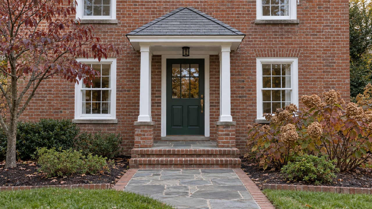 Brick home with a slate-roofed porch, dark green front door, flagstone walk, and autumn dogwood and oakleaf hydrangea.