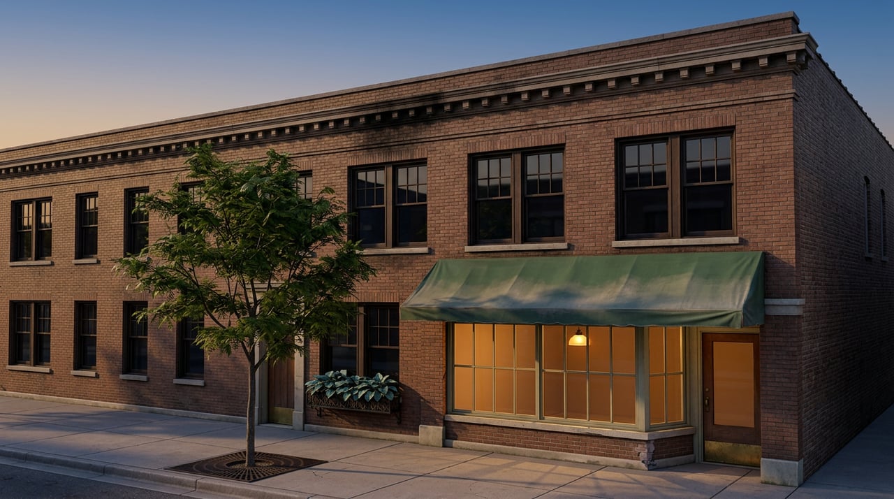 Brick storefront glows amber beneath a faded green awning, with dark upper windows and a honeylocust tree at dusk.