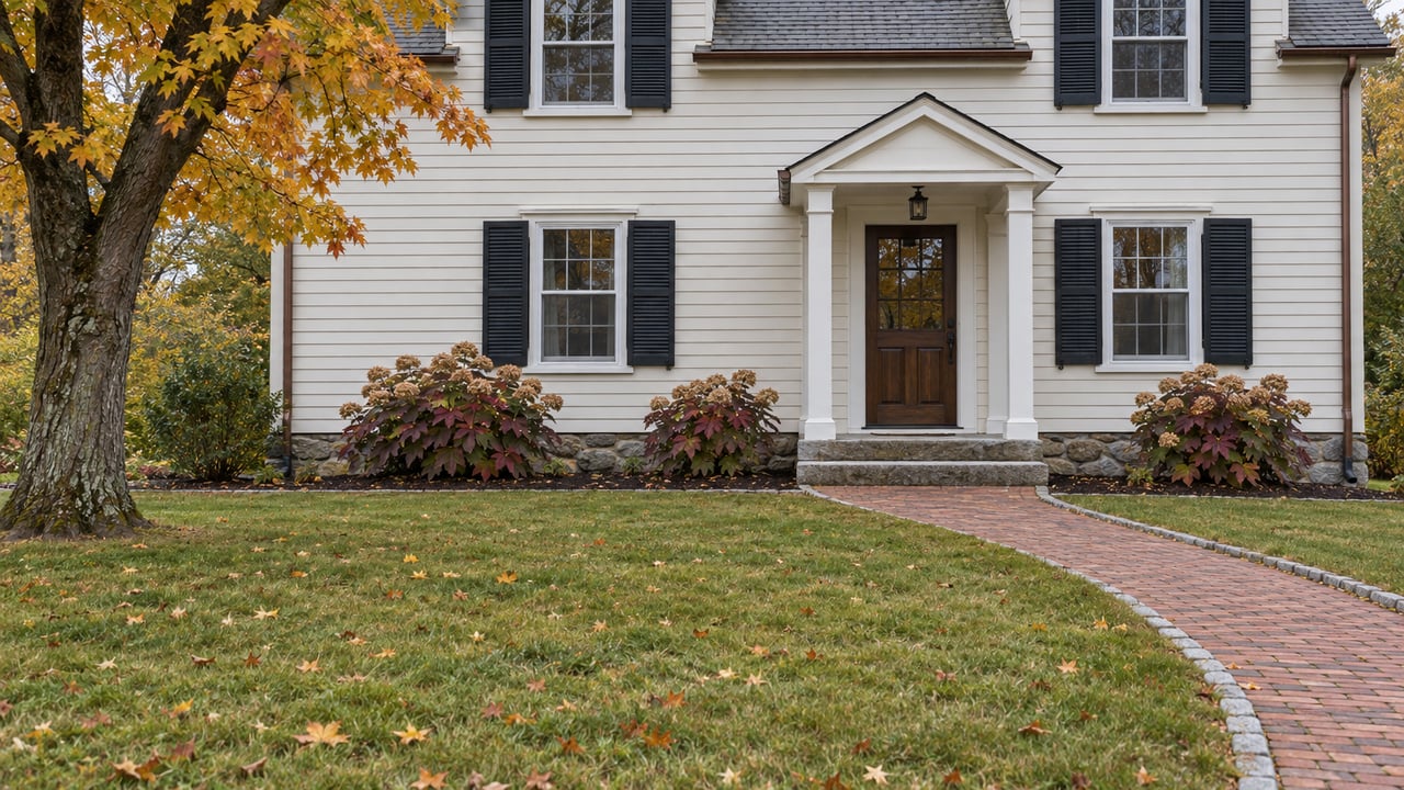 Cream clapboard home with a brick walk, granite entry steps, and a mature tree with orange autumn leaves.