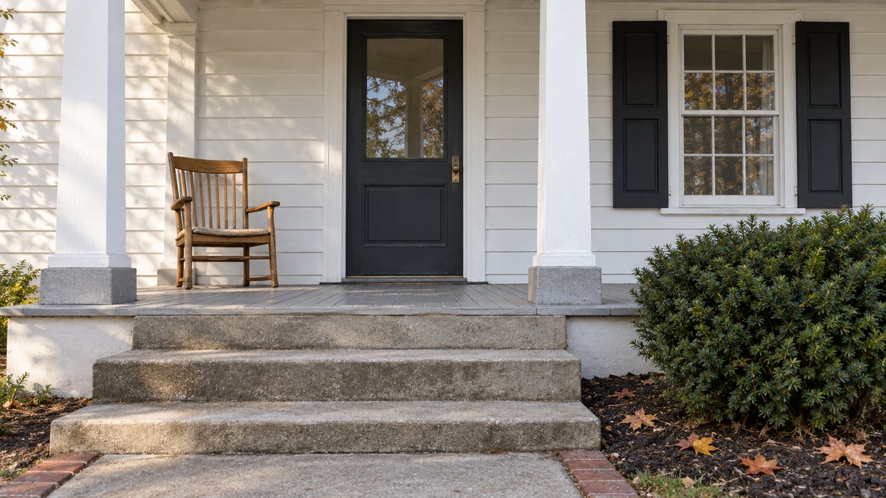White clapboard house with a dark front door, rocking chair on the porch, and broad concrete steps.
