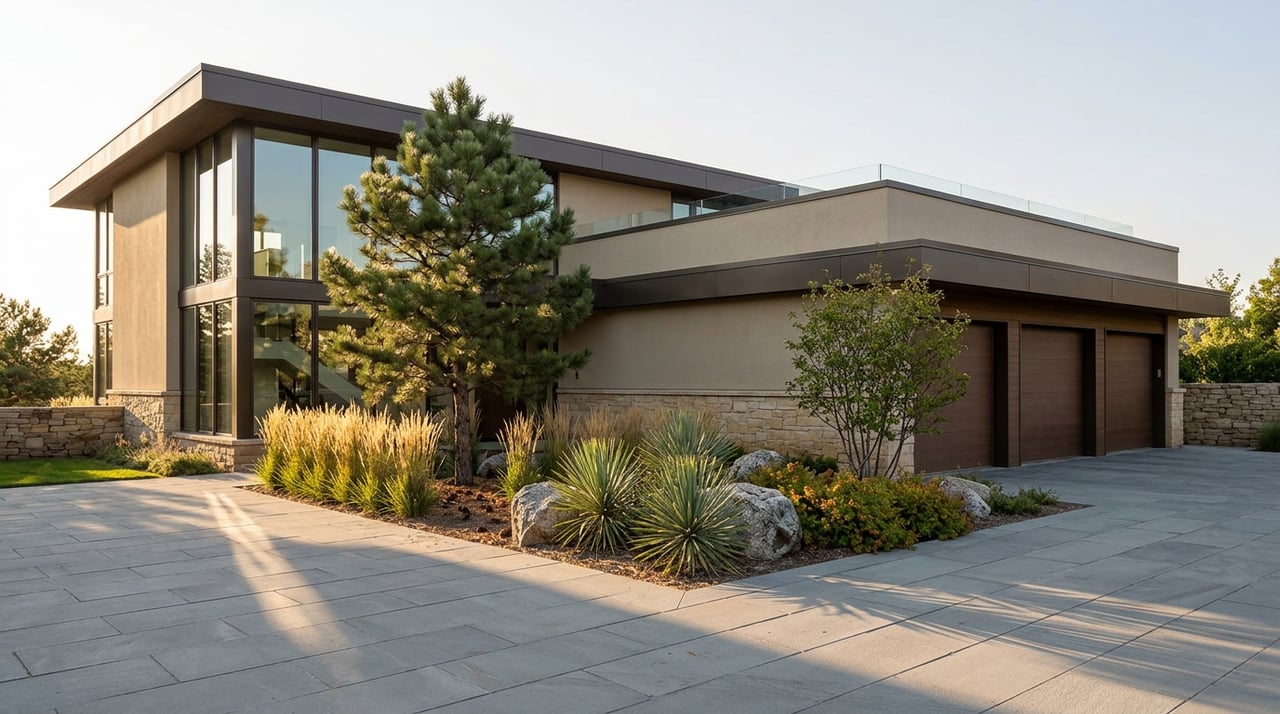 Contemporary stucco-and-stone home with a three-bay garage, expansive glazing, and a pine beside the motor court.