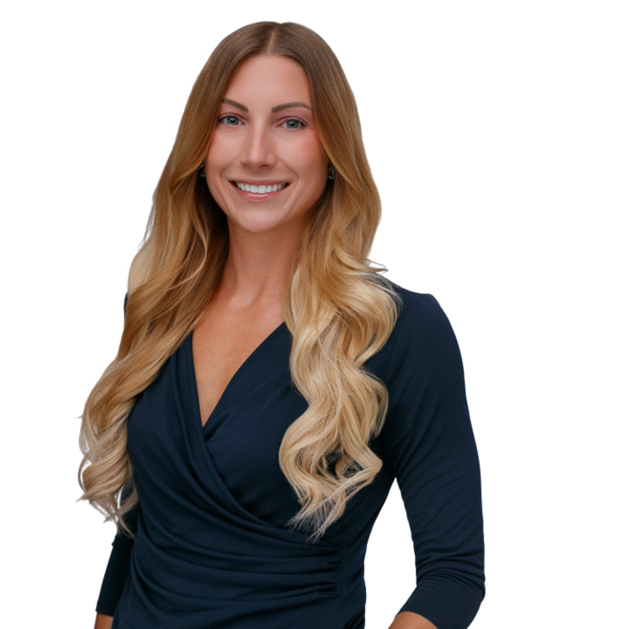 Haley Lower smiling in a navy dress, with long wavy blonde hair.