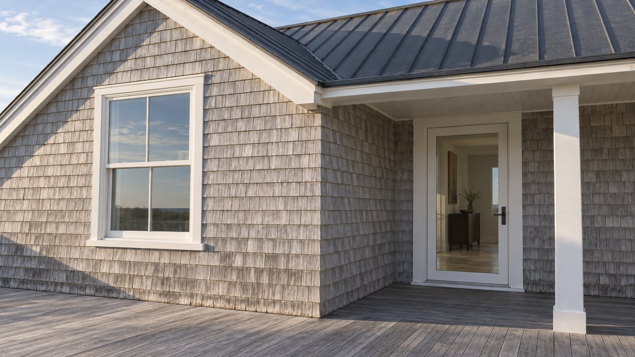 Silvered cedar shingles, a charcoal metal roof and a sheltered glazed entrance on an elevated coastal home terrace.
