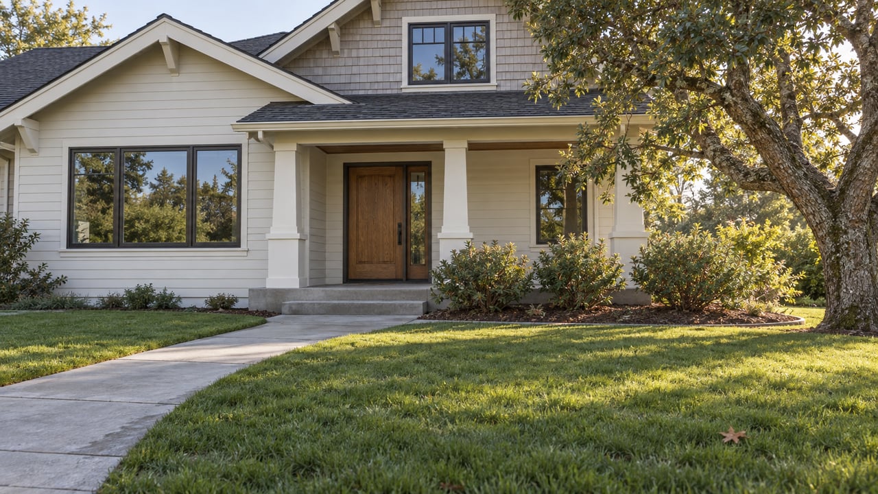 Layered off-white and cedar-shingle home behind a deep lawn, with an oak entry door, dark-framed windows and a mature oak tree.