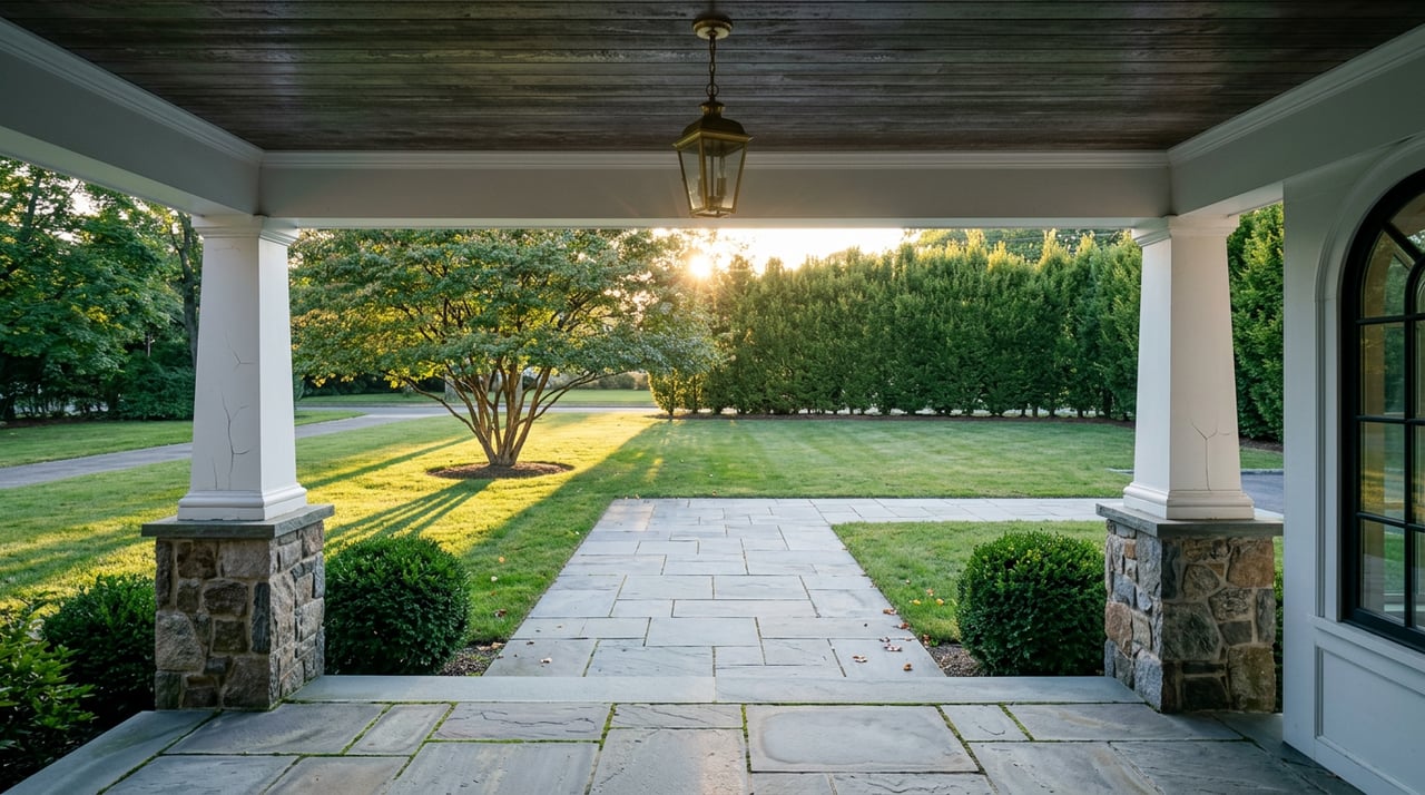 View from a covered porch across a bluestone walkway and lawn to a serviceberry tree and clipped hedge.