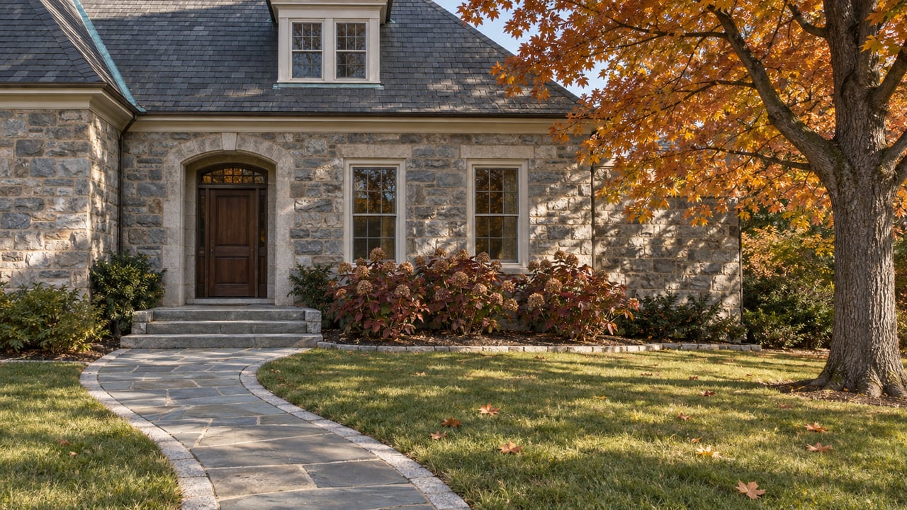 Autumn light on a gray stone home with a slate roof, oak entry door, granite steps and a copper-leaved sugar maple beside the lawn.