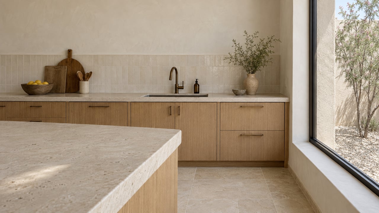Warm oak kitchen with a pale limestone island, sink, bronze faucet, and window overlooking a desert willow.