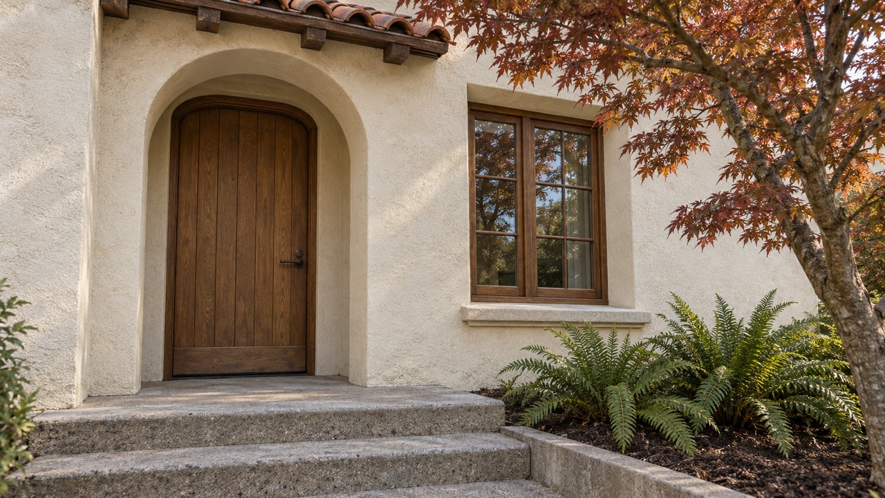 An arched ivory stucco entrance with an oak door, clay-tile eave and autumn maple beside concrete steps.