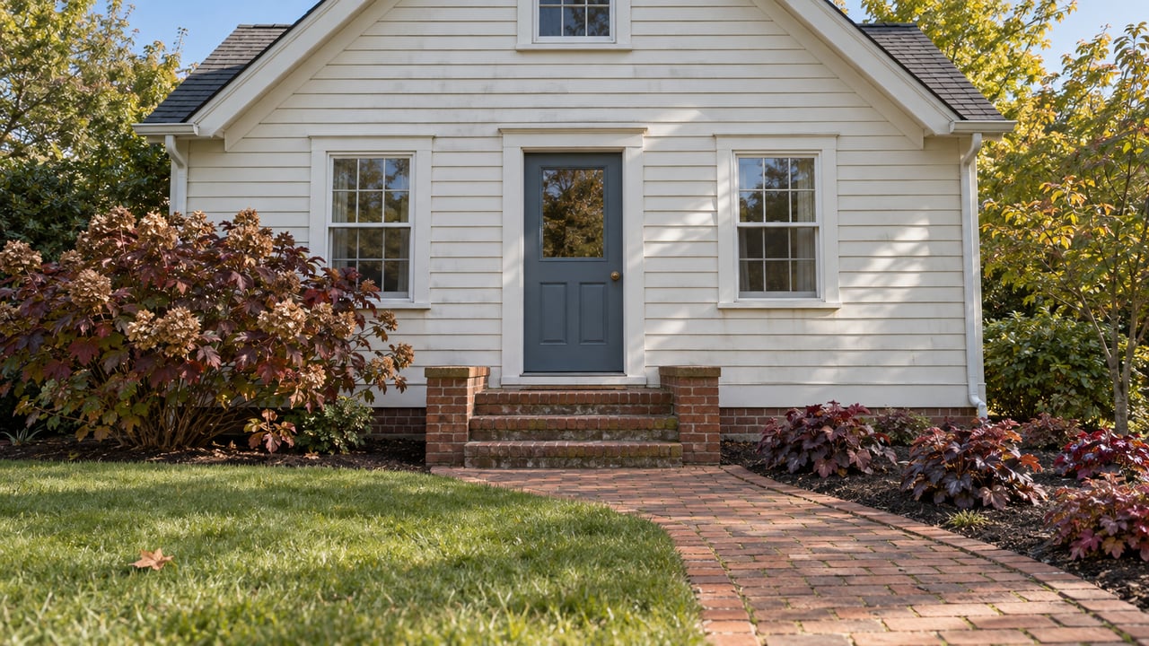 Light clapboard cottage with a blue door, brick steps and an autumn garden beside a brick walk.