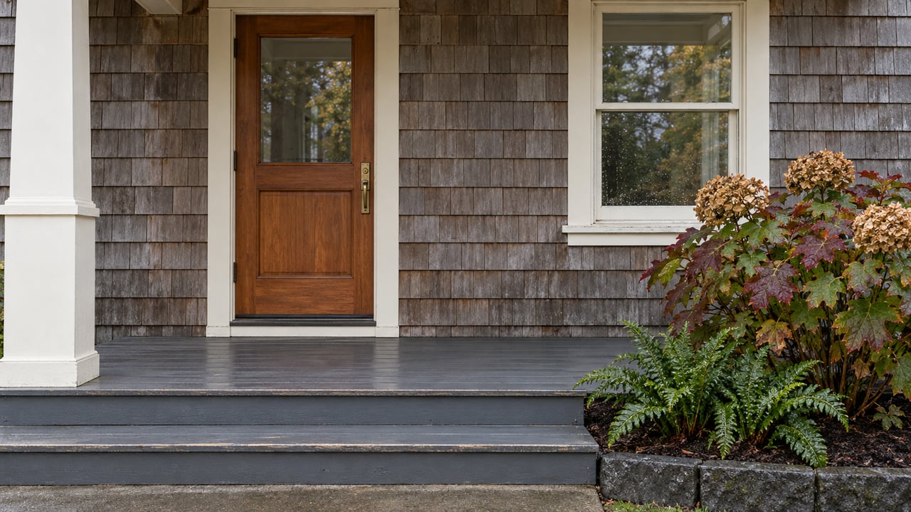 Weathered cedar-shingle cottage entry with a glazed fir door, cream window trim, painted porch steps and autumn oakleaf hydrangea.