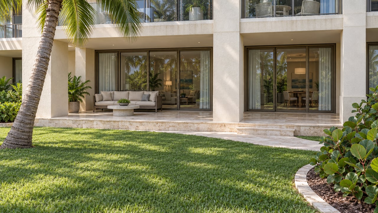 Ivory stucco condominium terrace with bronze-framed glass doors, pale stone paving and a palm beside a broad green courtyard lawn.