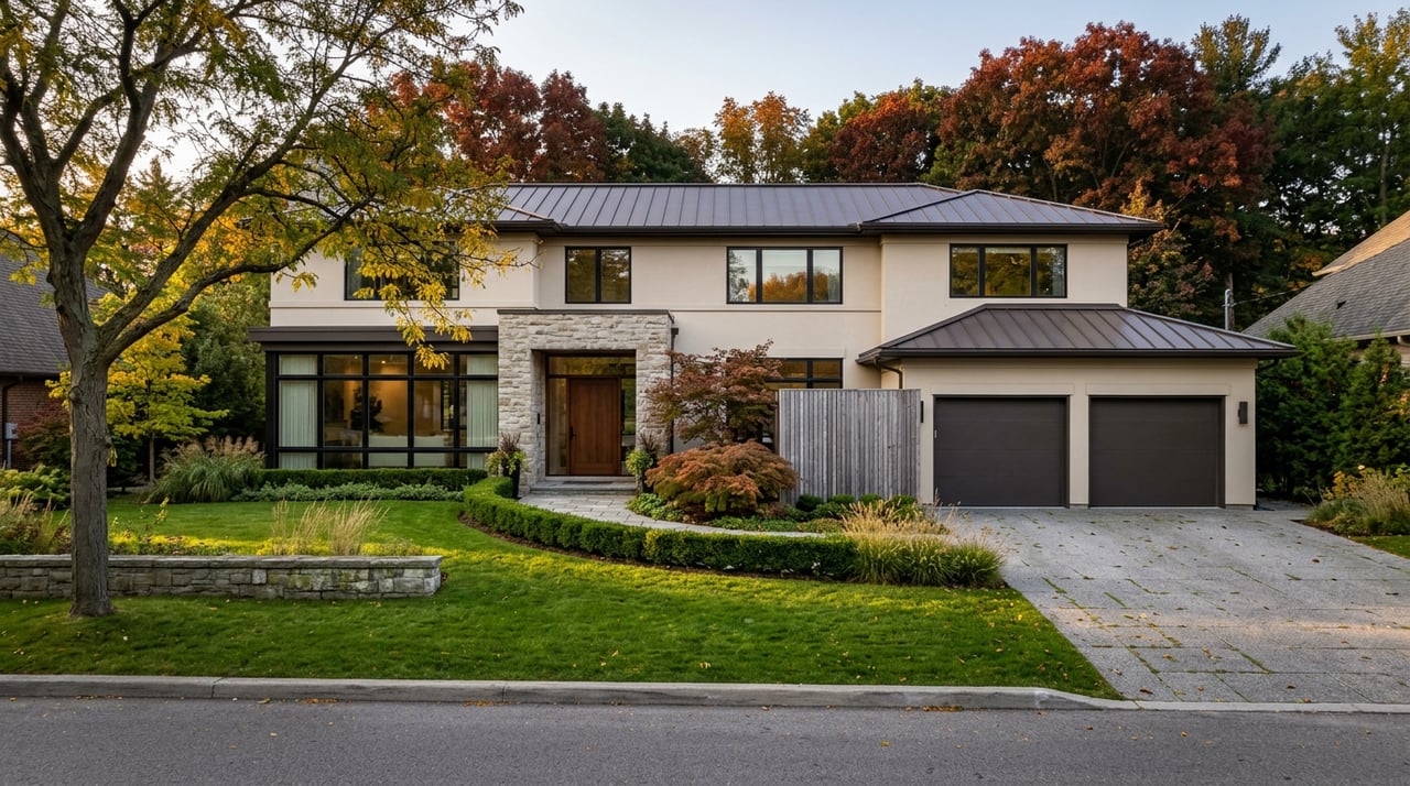 Luxury home with pale stucco facade, dark metal roof, cedar entry screen, and autumn trees arching overhead.