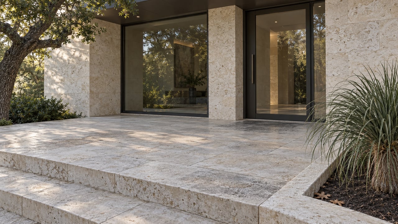 Limestone entry terrace with charcoal-framed glass doors, shallow stone steps and a mature live oak in soft afternoon light.