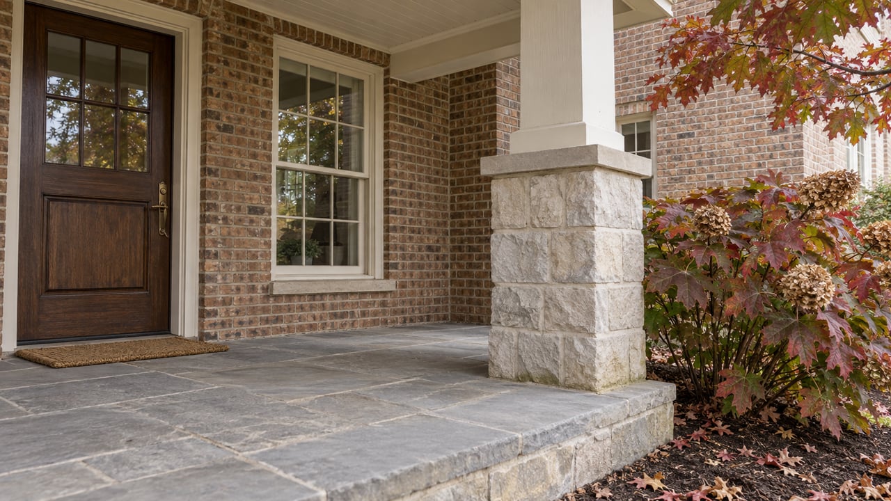 Brick home entry with a dark oak door, limestone porch pier and bronze-red oakleaf hydrangea beside worn sandstone paving.
