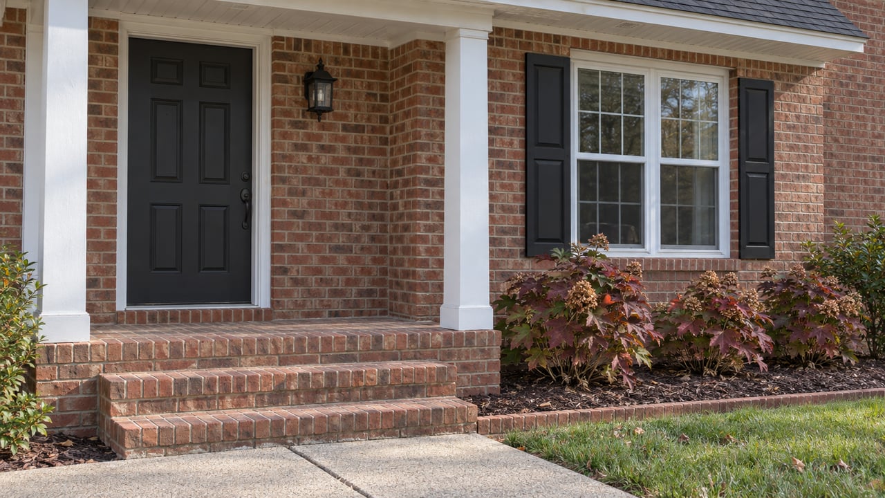 Covered brick front entry with a dark paneled door, white porch posts, brick steps, and autumn oakleaf hydrangeas beside a concrete walk.