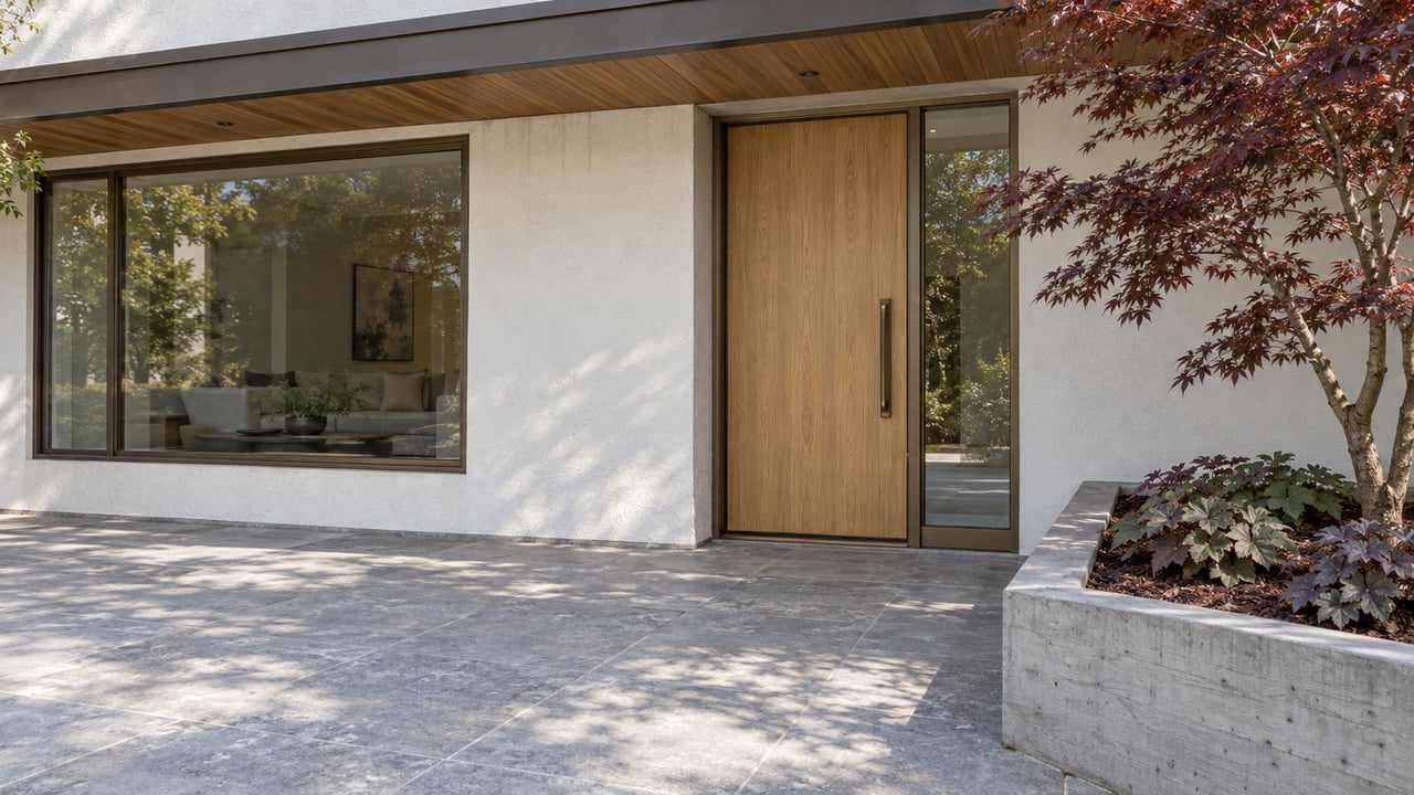 A warm-white stucco home with an oak entry door, bronze-framed windows, limestone paving, and a burgundy Japanese maple in a raised concrete bed.